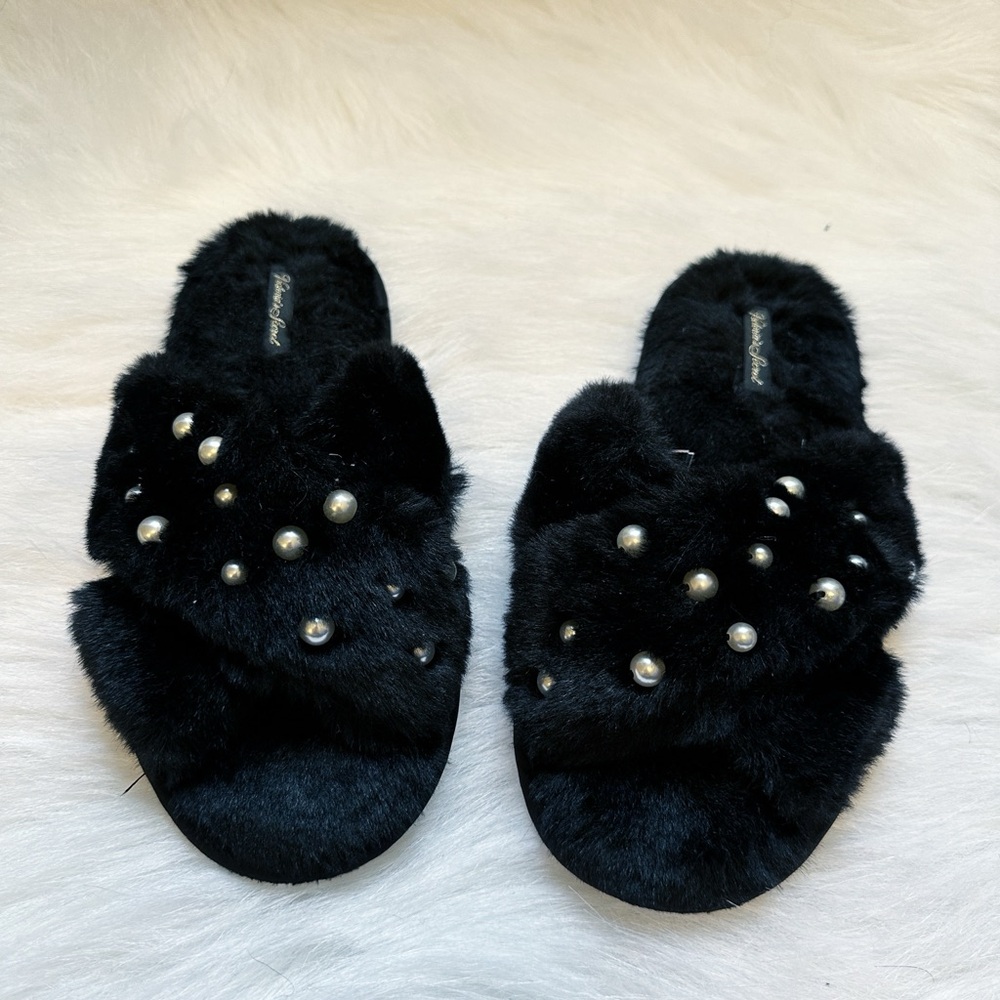 Victoria secret fluffy black slippers with pearls size small
